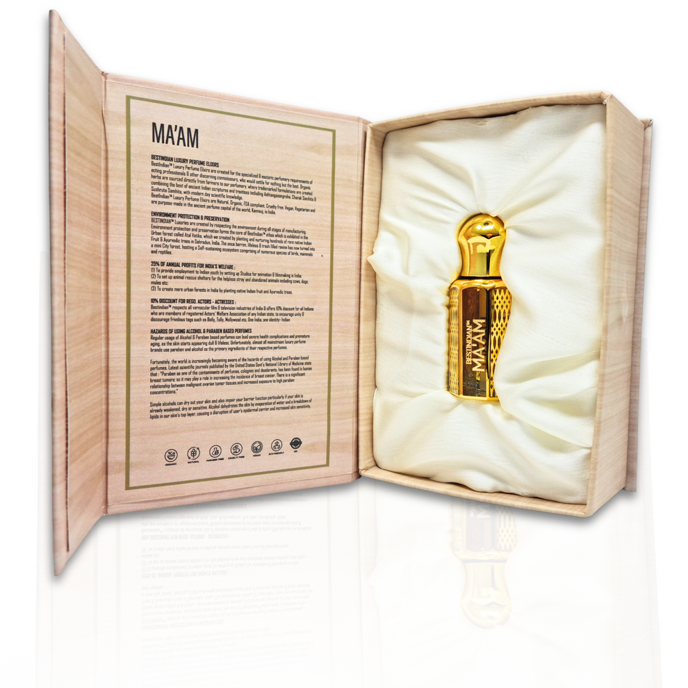 Opened luxury wooden box displaying BestIndian™ Ma'am Luxury Perfume Elixir nestled in elegant satin cushioning, featuring this exquisite sandalwood attar for women with detailed product information panel, representing oriental woody attar crafted using handcrafted Kannauj perfume oil traditions.