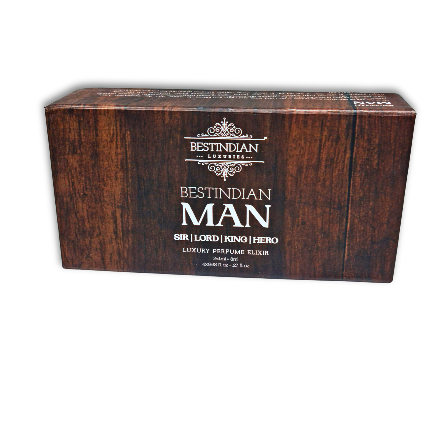 BestIndian™ Man Perfume Elixir Set in its dark wooden-themed luxury gift packaging.