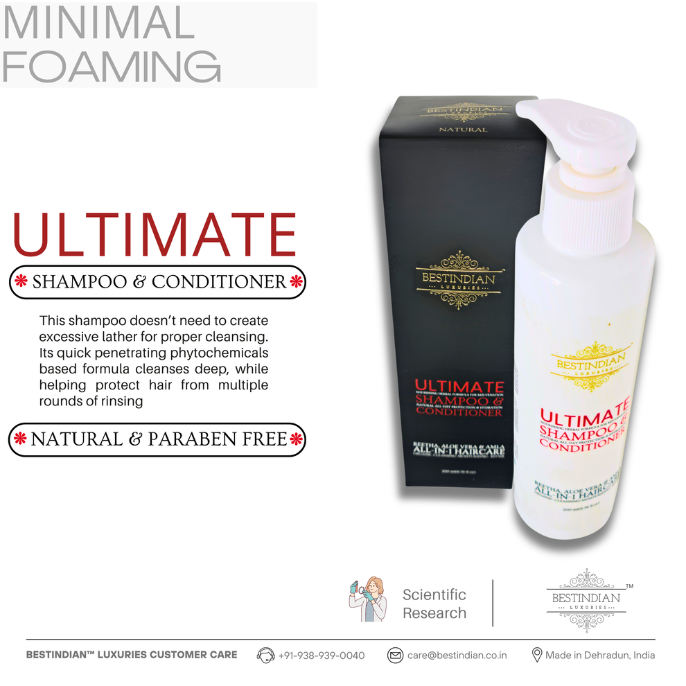 "BestIndian™ Ultimate Minimal Foaming Shampoo & Conditioner, highlighting its deep-cleansing phytochemical formula for gentle, effective washing.