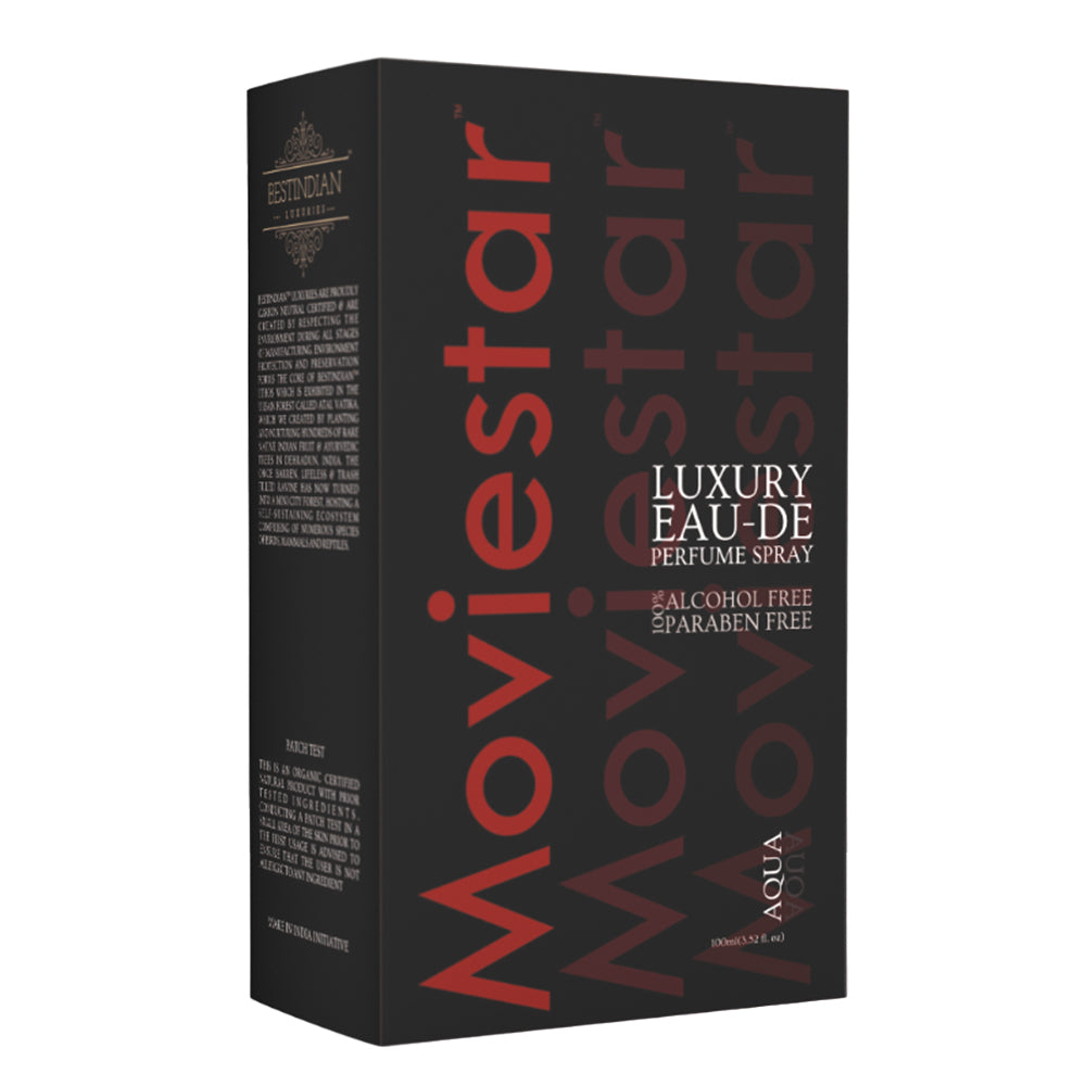 Luxury black box of Moviestar™ Aqua unisex perfume with distinctive black and red gradient 'Moviestar' branding.