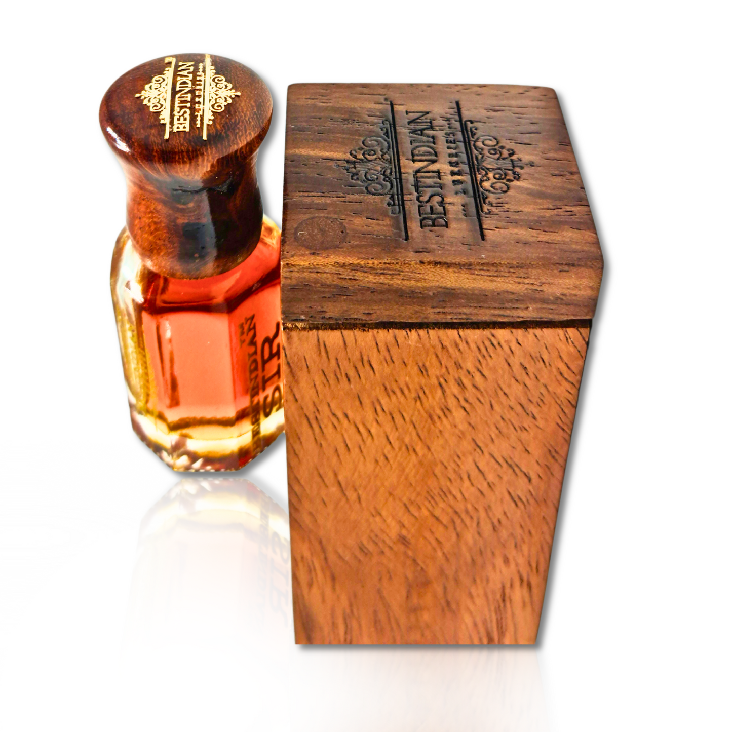 BestIndian™ Sir Perfume Elixir vial (wooden cap) beside its handcrafted wooden case with engraved BestIndian™ logo. man luxurious perfume.