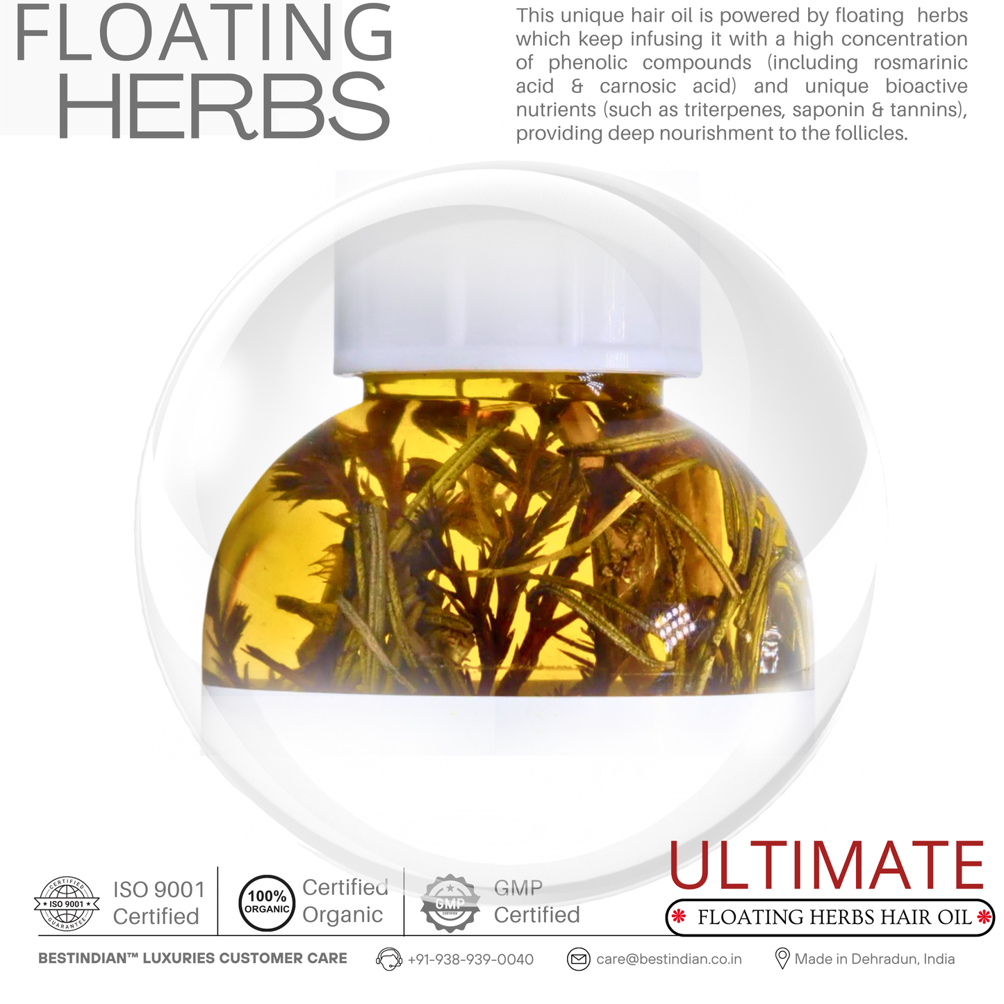 Best Indian Hair Oil's Unique Selling Proposition: BestIndian™ Ultimate Hair Growth & Styling Oil featuring visible natural floating herbs for continuous infusion