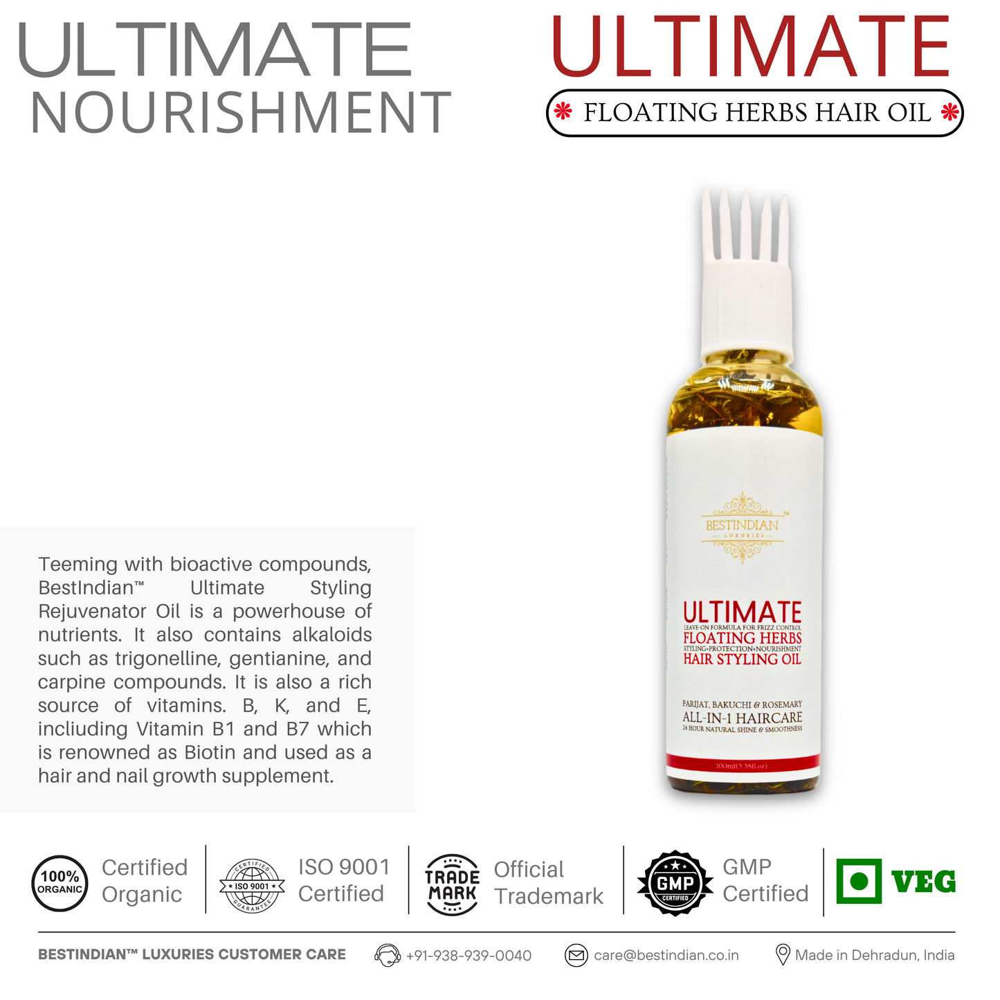 Infographic showcasing the bottle of the best indian hair oil with the written text. Ultimate hair nourishment from BestIndian™ Ultimate Hair Growth & Styling Oil for strong, healthy hair.