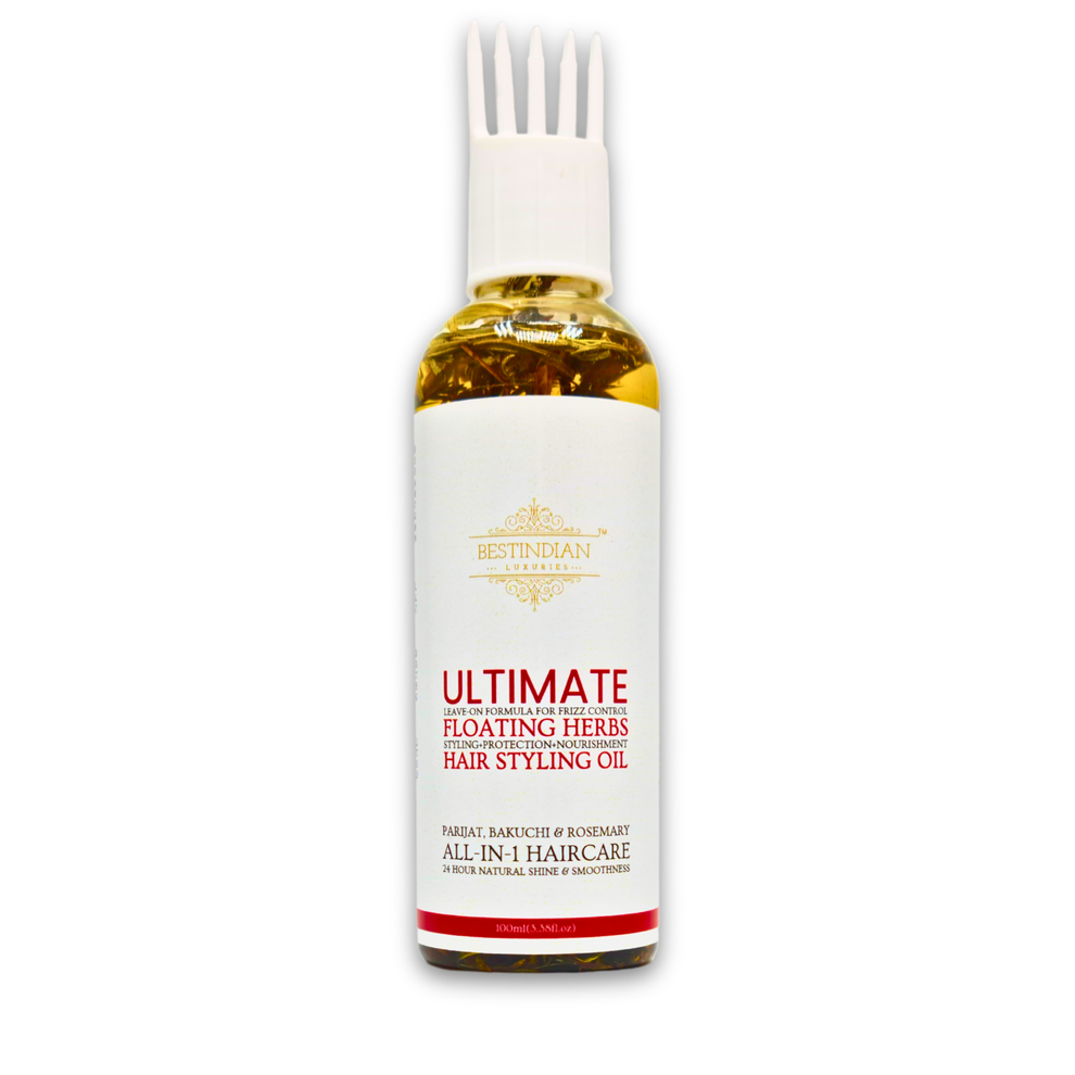 Elegant bottle of BestIndian™ Ultimate Hair Growth & Styling Oil, highlighting its rich golden color and clean white label design.