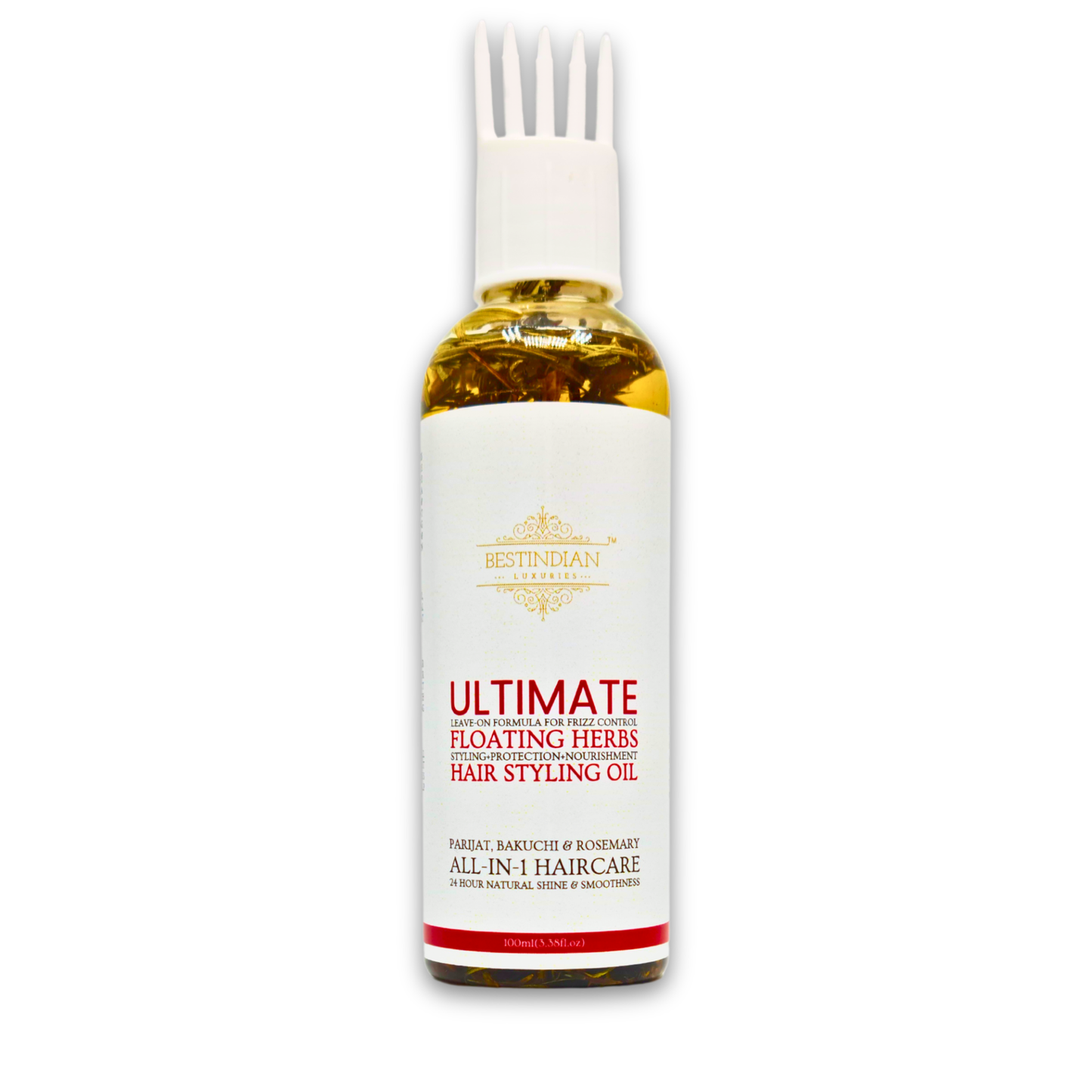 Elegant bottle of BestIndian™ Ultimate Hair Growth & Styling Oil, highlighting its rich golden color and clean white label design.