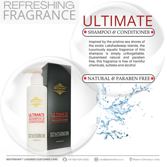 BestIndian™ Ultimate Shampoo & Conditioner with water splash graphic, highlighting its refreshing aquatic fragrance and paraben-free, natural formulation.