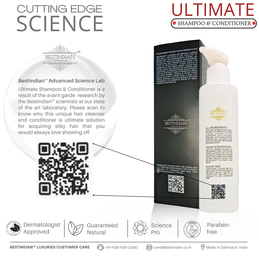 BestIndian™ Ultimate Shampoo & Conditioner: Advanced science (QR code shown) for silky hair. Dermatologist-approved, paraben-free, and sulfate-free.