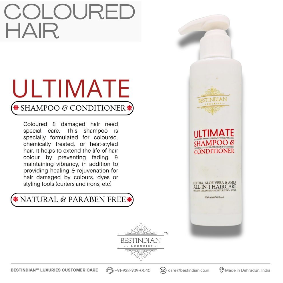 BestIndian™ Ultimate Conditioning Shampoo: Benefits for coloured & damaged hair, prevents fading, maintains vibrancy. Natural, paraben-free & sulfate-free.