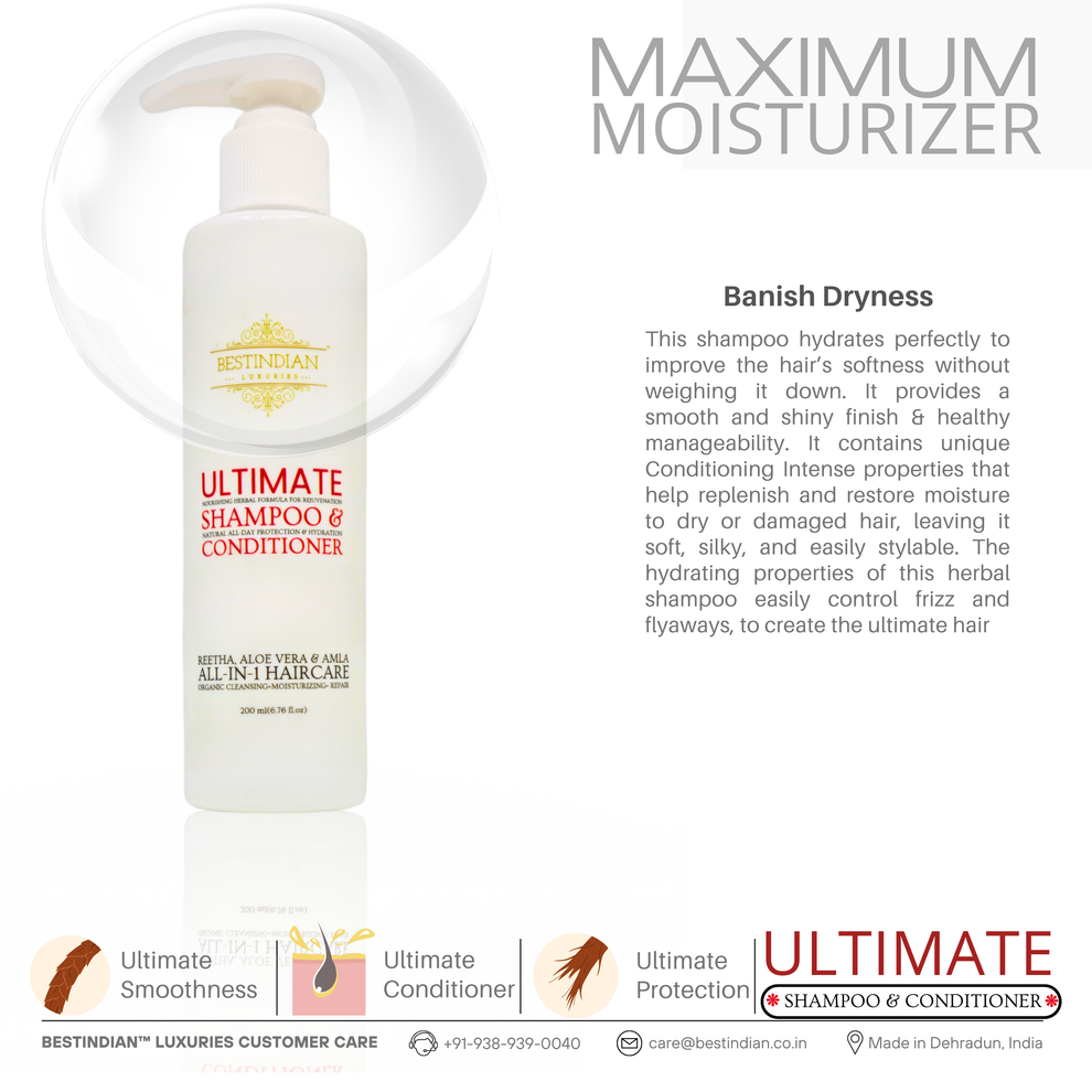 BestIndian™ Ultimate Anti-Hair Fall Conditioning Shampoo shown with text highlighting its sulfate-free formula's power to banish dryness through hydration, smoothness & frizz control.