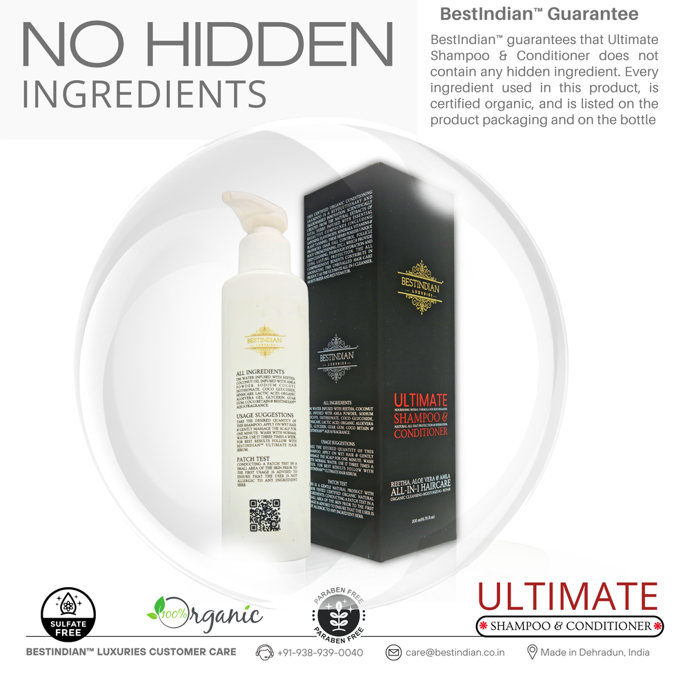 BestIndian™ Ultimate Shampoo & Conditioner's 'No Hidden Ingredients' promise, showcasing its organic, paraben-free, and sulfate-free certifications.