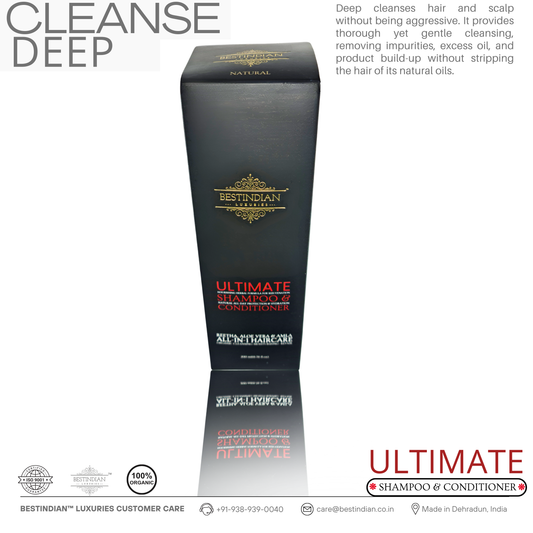 Angled shot of the black BestIndian™ Ultimate Shampoo & Conditioner packaging, emphasizing its gentle deep cleansing for scalp and hair that preserves natural hair oils; a sulfate-free, natural formula.