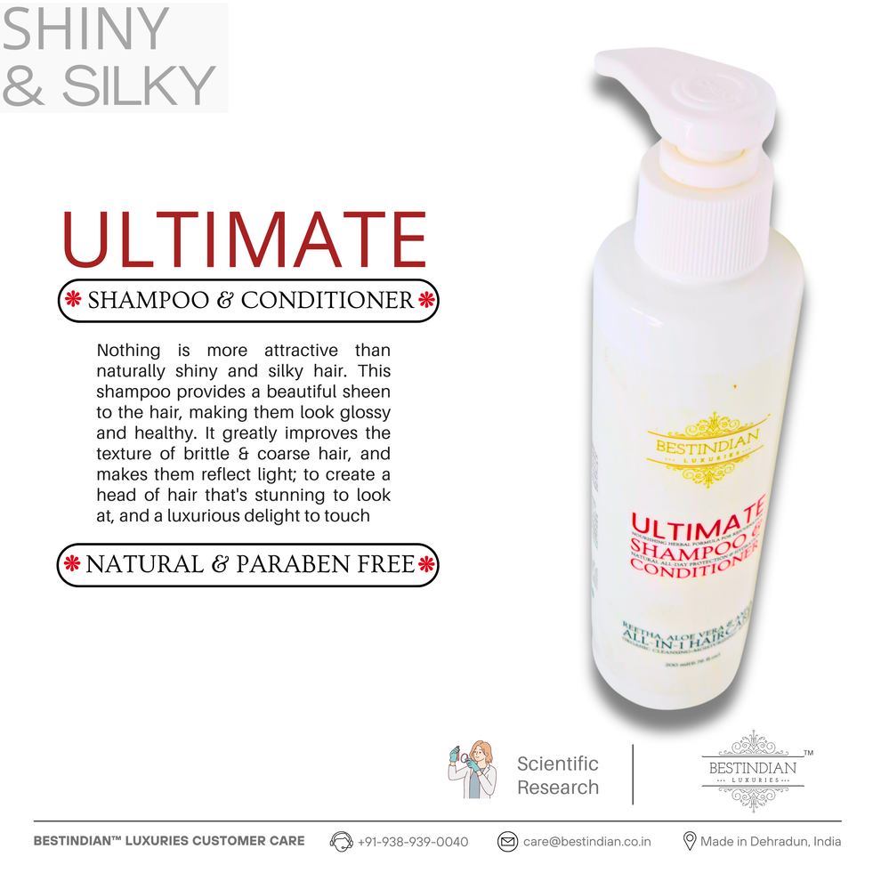 Achieve shiny, silky hair with BestIndian™ Ultimate Shampoo & Conditioner; image highlights its natural, paraben-free, and sulfate-free formula.