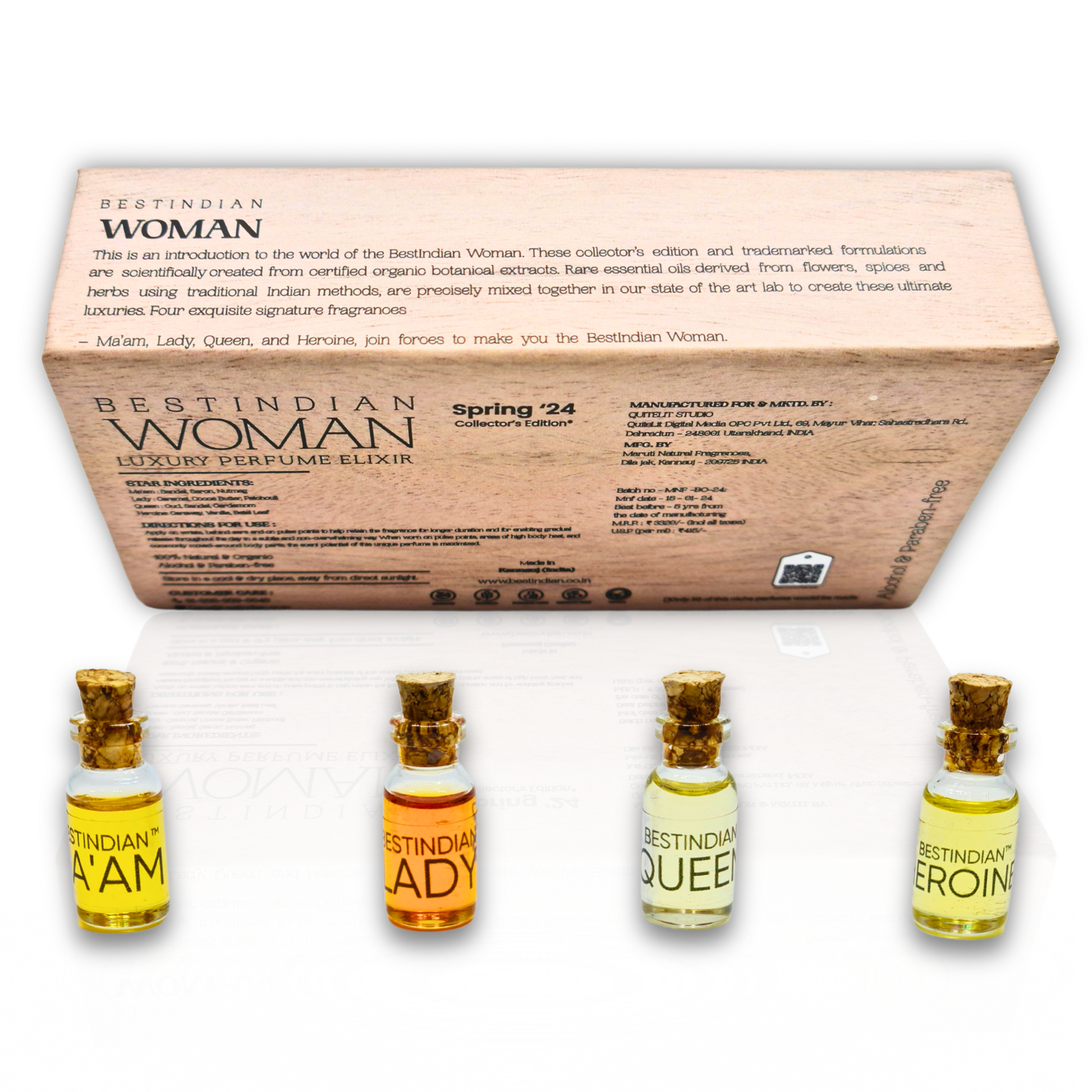 BestIndian™ Woman attar gift set for women — luxury box featuring comprehensive ingredient and usage details, displayed with four miniature attar vials labeled Ma’am, Lady, Queen, and Heroine, a perfect natural attar sampler and elegant perfume gift for her.