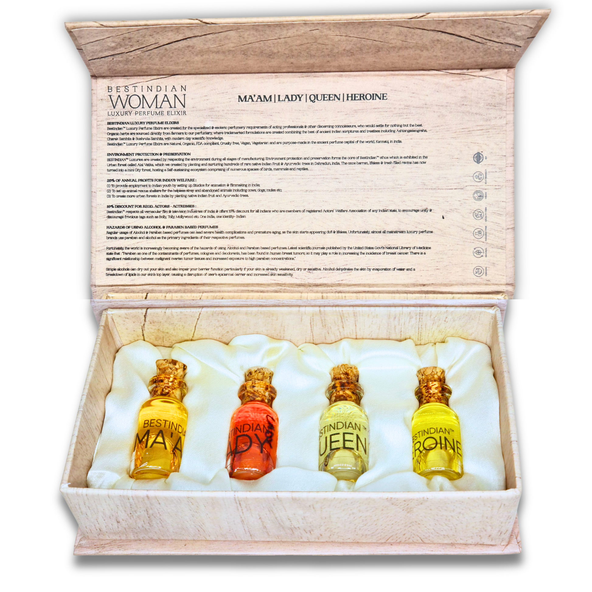 BestIndian™ Woman attar gift set for women — luxury box open to reveal four natural attar miniatures placed in a plush satin cushion, featuring alcohol-free, vegan, cruelty-free perfume oils with cork caps and a detailed product insert.