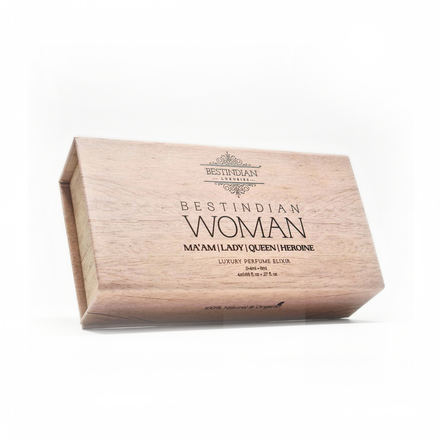 BestIndian™ Woman women’s perfume gift set — a luxury wooden perfume box with elegant branding, designed to hold four handcrafted Kannauj attar miniatures, making it a stylish alcohol-free attar gift set for women.