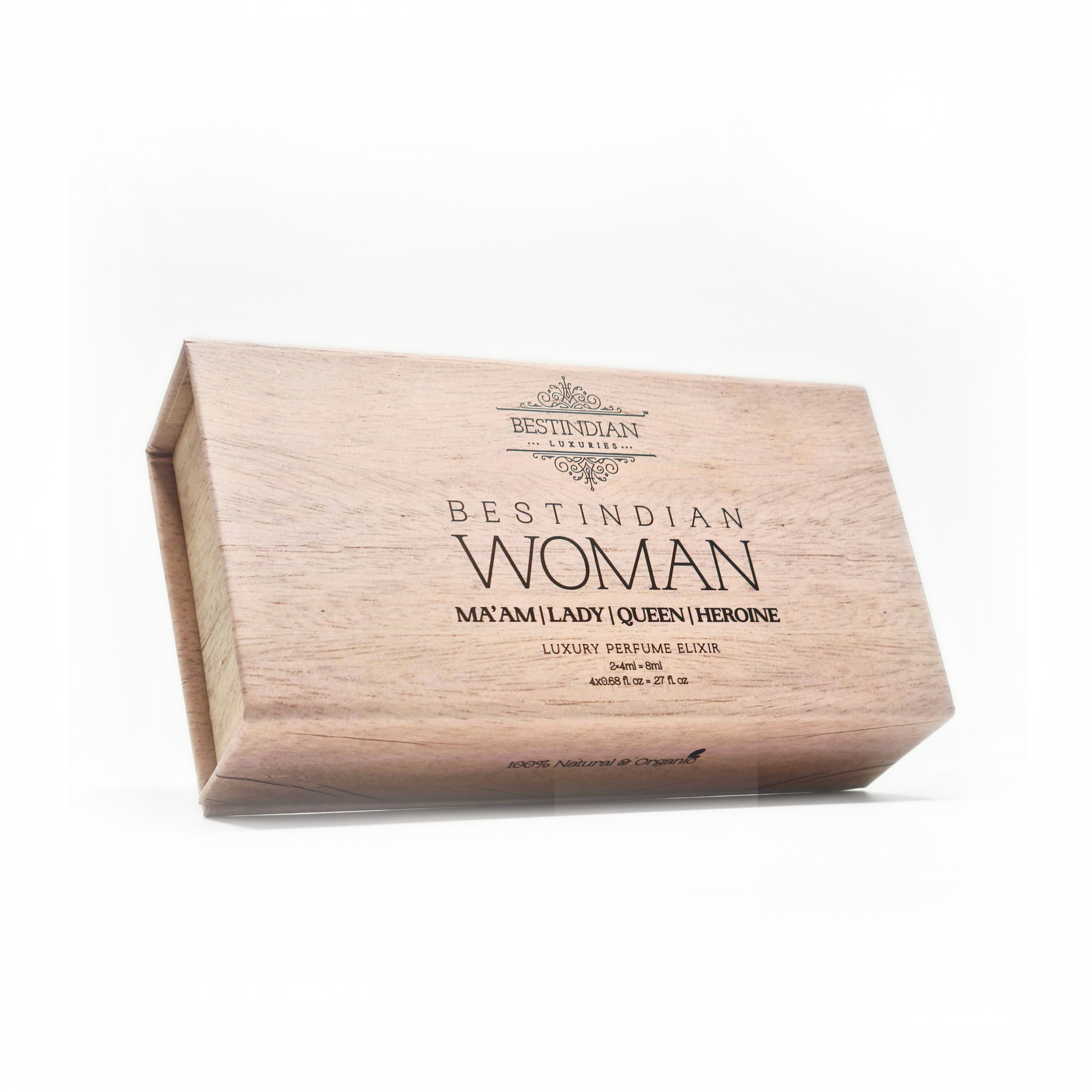 BestIndian™ Woman women’s perfume gift set — a luxury wooden perfume box with elegant branding, designed to hold four handcrafted Kannauj attar miniatures, making it a stylish alcohol-free attar gift set for women.