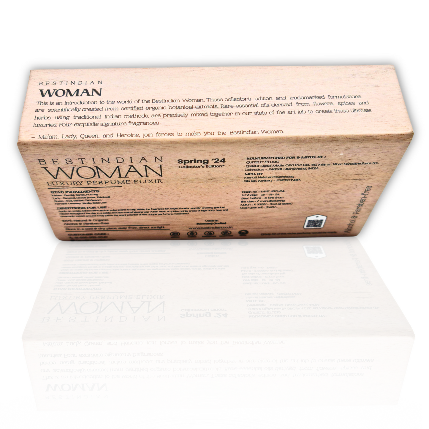 BestIndian™ Woman Perfume Elixir Set in its elegant light wooden-themed gift box. This is an introduction to the world of Best Indian Woman. These collector's edition alcohol-free perfume formulations are scientifically created from certified organic botanical extracts. This perfume gift set for women contains four miniature signature fragrances: Ma'am, Lady, Queen, and Heroin.