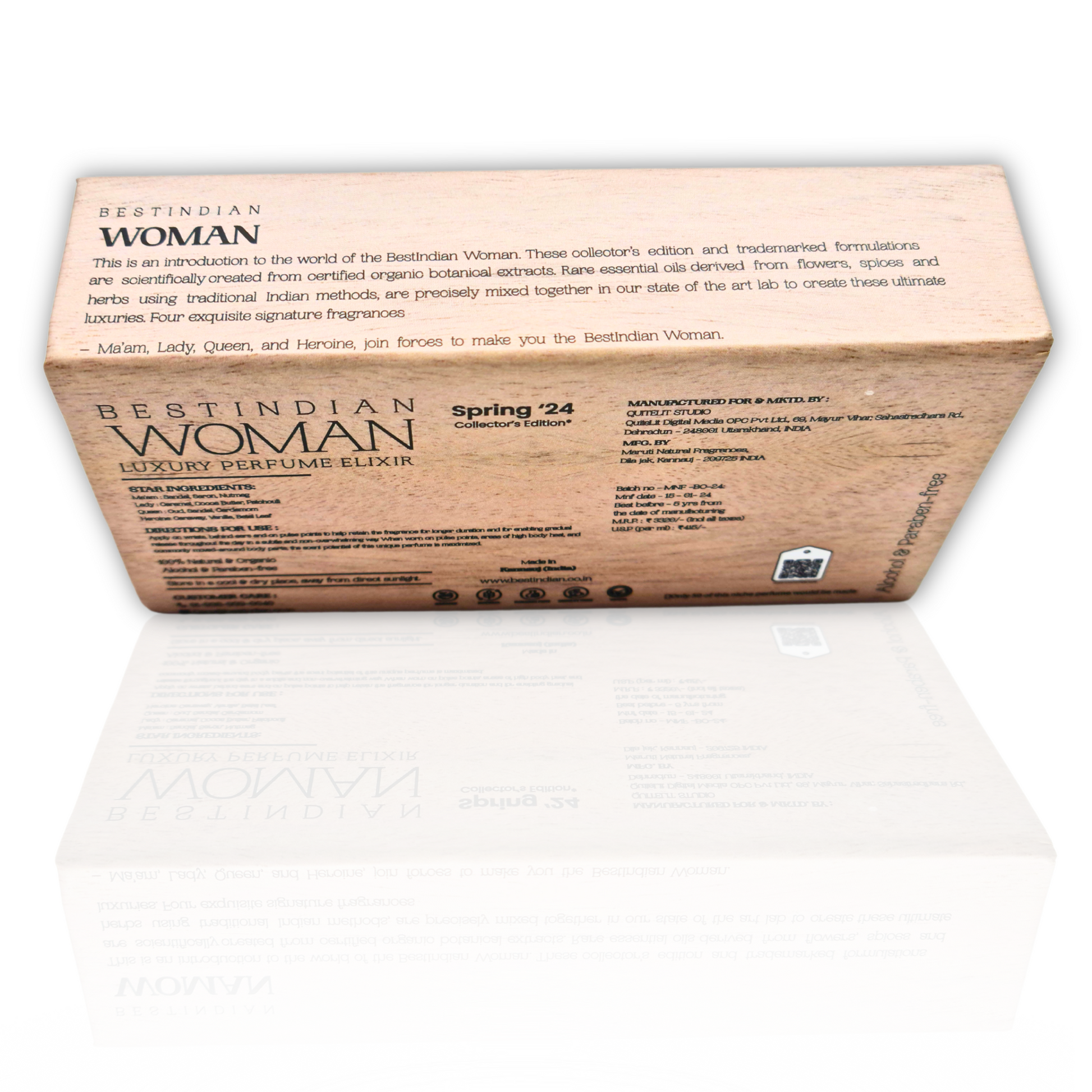 BestIndian™ Woman Perfume Elixir Set in its elegant light wooden-themed gift box. This is an introduction to the world of Best Indian Woman. These collector's edition alcohol-free perfume formulations are scientifically created from certified organic botanical extracts. This perfume gift set for women contains four miniature signature fragrances: Ma'am, Lady, Queen, and Heroin.