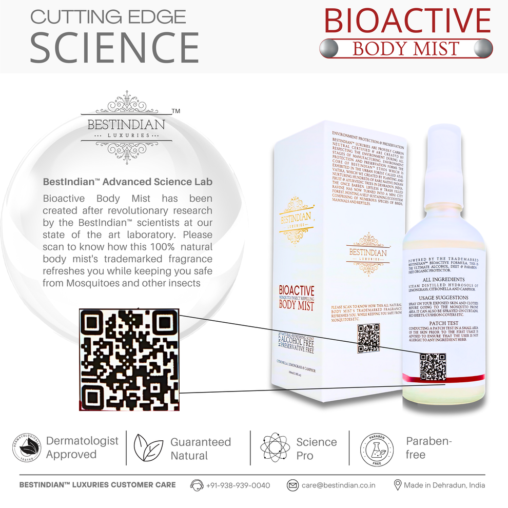 BestIndian™ BioActive Body Mist bottle and box displayed with scientific credentials and a QR code, promoting its dermatologist-approved, laboratory-tested, natural insect repellent formula that provides safe, effective protection from mosquitoes using cutting-edge research.