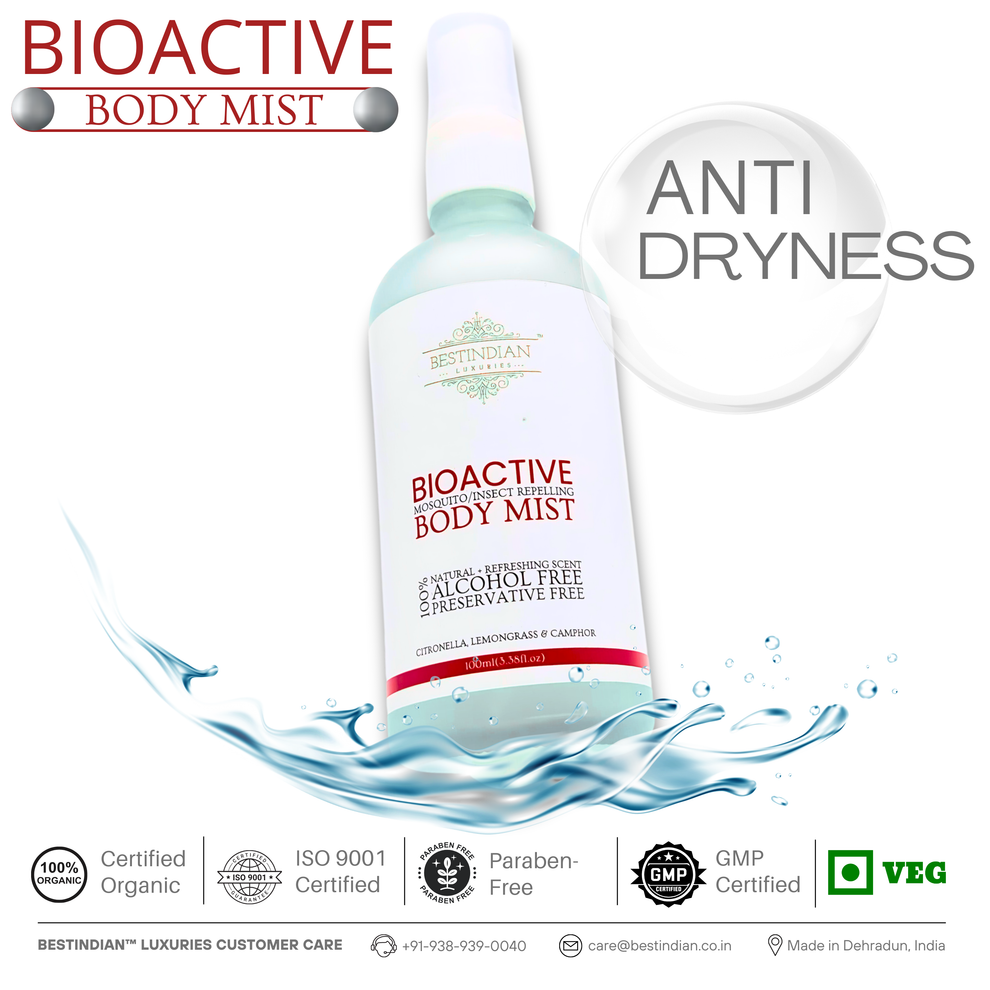 A dynamic splash-shot of the BestIndian™ BioActive Body Mist bottle emphasizing its anti-dryness benefit, organic certification, and alcohol-free composition, promoting hydration and natural protection as a gentle, herbal mosquito repellent spray ideal for babies and outdoor studio use.