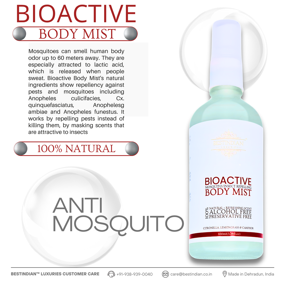 A clear product shot of BestIndian™ BioActive Body Mist displaying its mosquito-repellent packaging, highlighting its natural, alcohol-free formula with citronella, lemongrass, and camphor, designed to provide a safe, ayurvedic insect repellent solution for sensitive skin and daily studio care.
