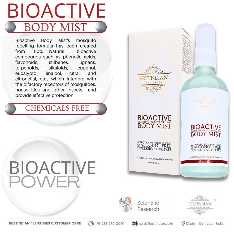 BestIndian™ BioActive Body Mist bottle and packaging shown together, accompanied by text highlighting its creation from natural bioactive compounds like eugenol and citronellal, offering a chemicals-free, scientifically researched mosquito repellent formulated for safety and efficacy.