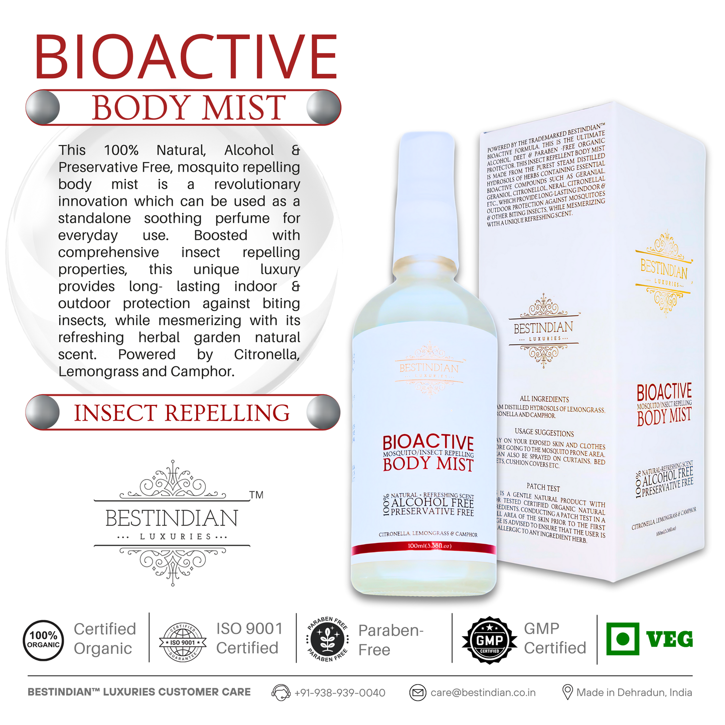 BestIndian™ BioActive Body Mist bottle next to its detailed ingredient box, highlighting its insect-repelling, alcohol-free formula with citronella, lemongrass, and camphor, delivering long-lasting indoor and outdoor natural protection with a refreshing herbal fragrance.