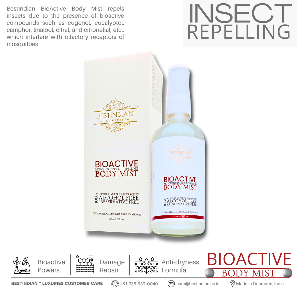 A clear shot of the BestIndian™ BioActive Body Mist bottle next to its packaging emphasizing its insect-repelling benefits, powered by ayurvedic ingredients like citronella, camphor, and lemongrass, designed as a luxury natural mosquito repellent spray for sensitive skin care.