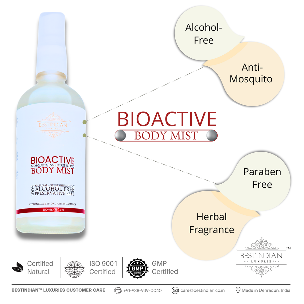 A clear product shot of BestIndian™ BioActive Body Mist bottle with highlighted callouts showing its alcohol-free, anti-mosquito, paraben-free, and herbal fragrance features, perfect for users seeking a natural, DEET-free insect repellent for daily use.