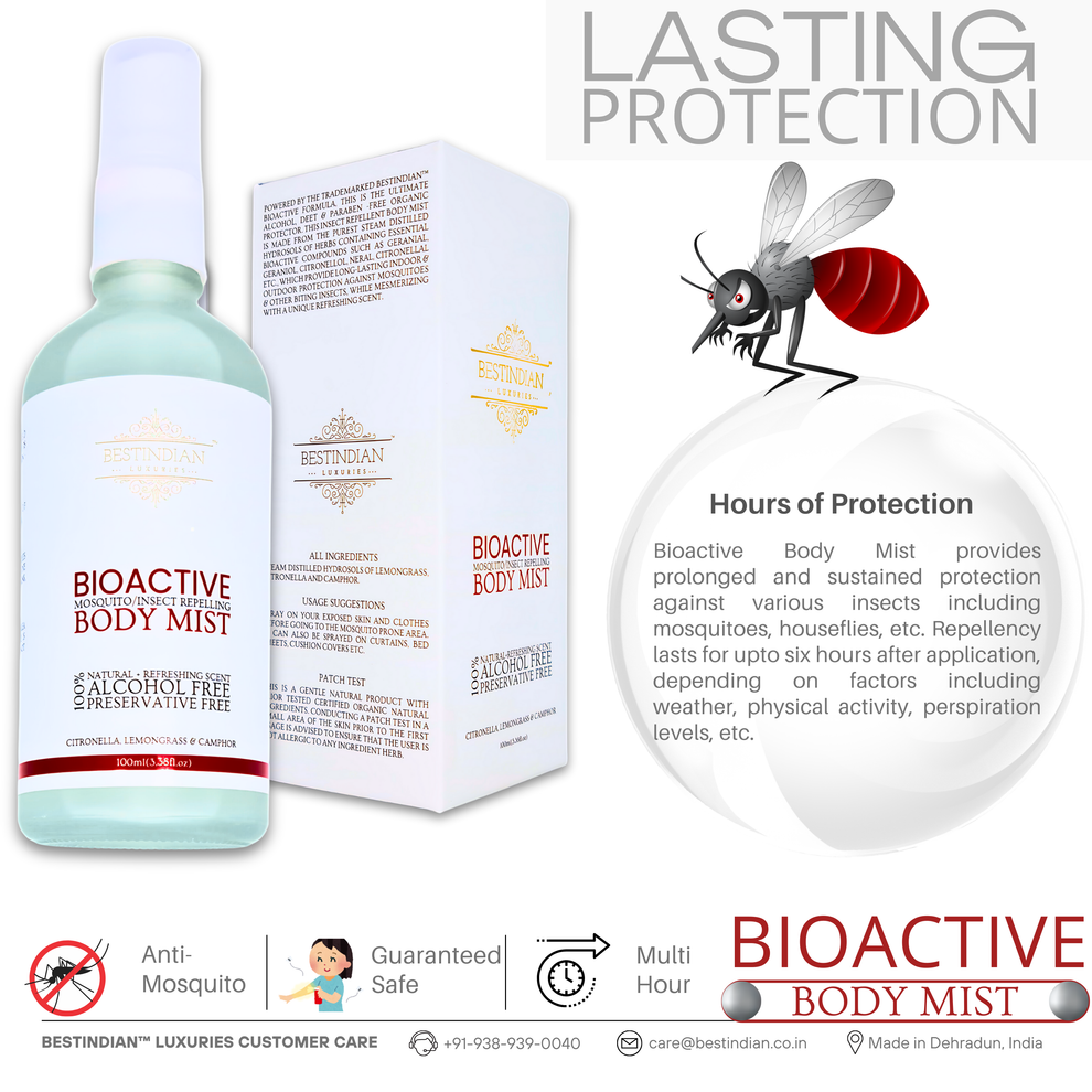 A photo of the BestIndian™ BioActive Body Mist bottle and box, alongside an illustration of a mosquito, emphasizing the product’s long-lasting, multi-hour protection and its effectiveness against mosquitoes and other insects for outdoor and indoor use.