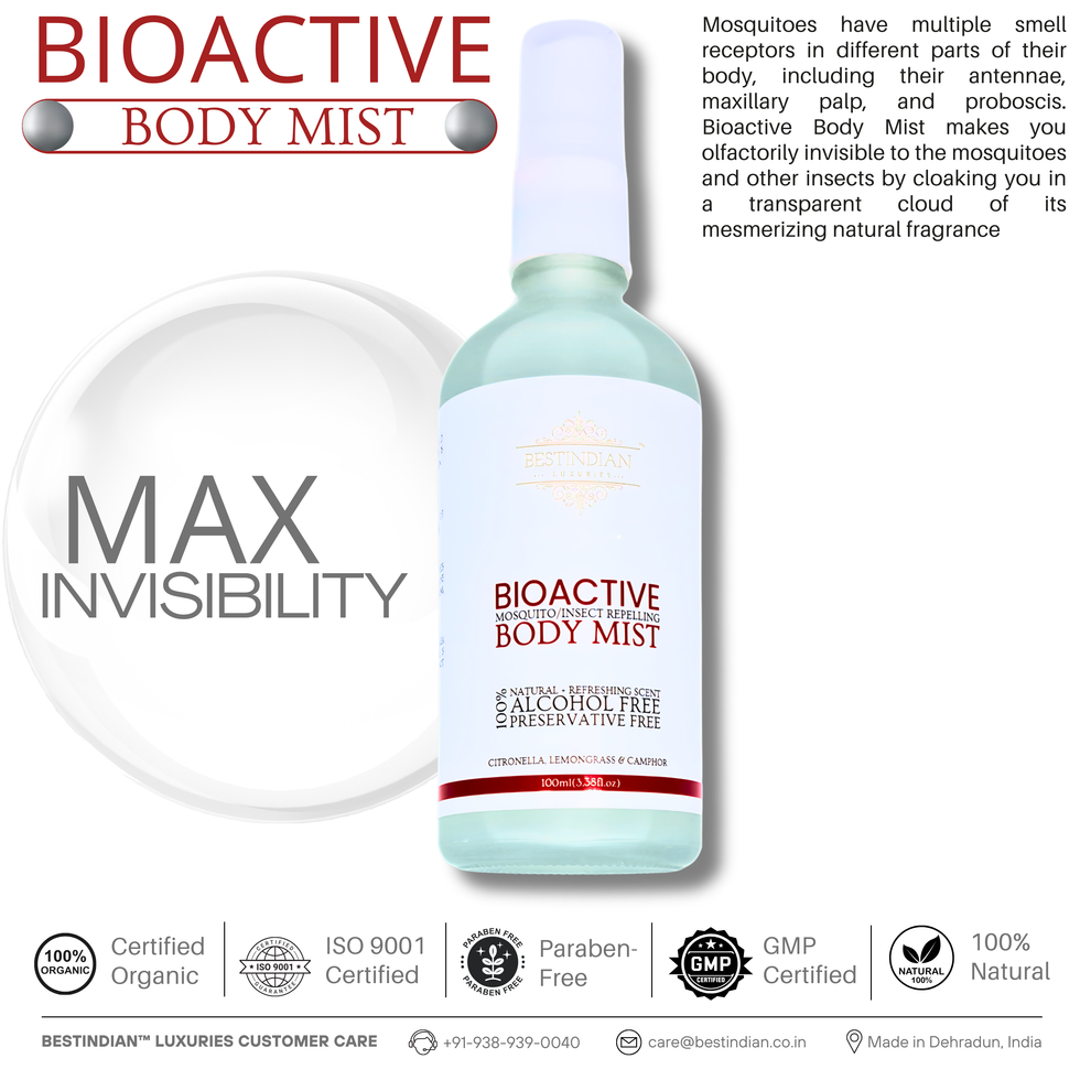The BestIndian™ BioActive Body Mist bottle is shown on a white background, focusing on its claim of maximum invisibility from mosquitoes by masking body scents with a natural, botanical fragrance, making it an ideal organic insect repellent for daily personal care.