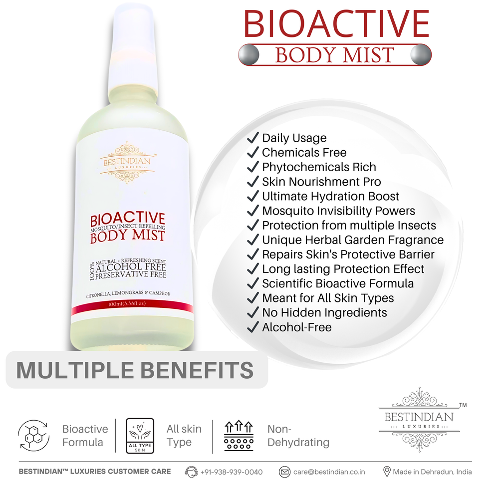 The BestIndian™ BioActive Body Mist is displayed with a checklist of daily benefits including skin nourishment, hydration, insect protection, and chemical-free formula, presenting it as an advanced, bioactive mosquito repellent for all skin types and studio care.