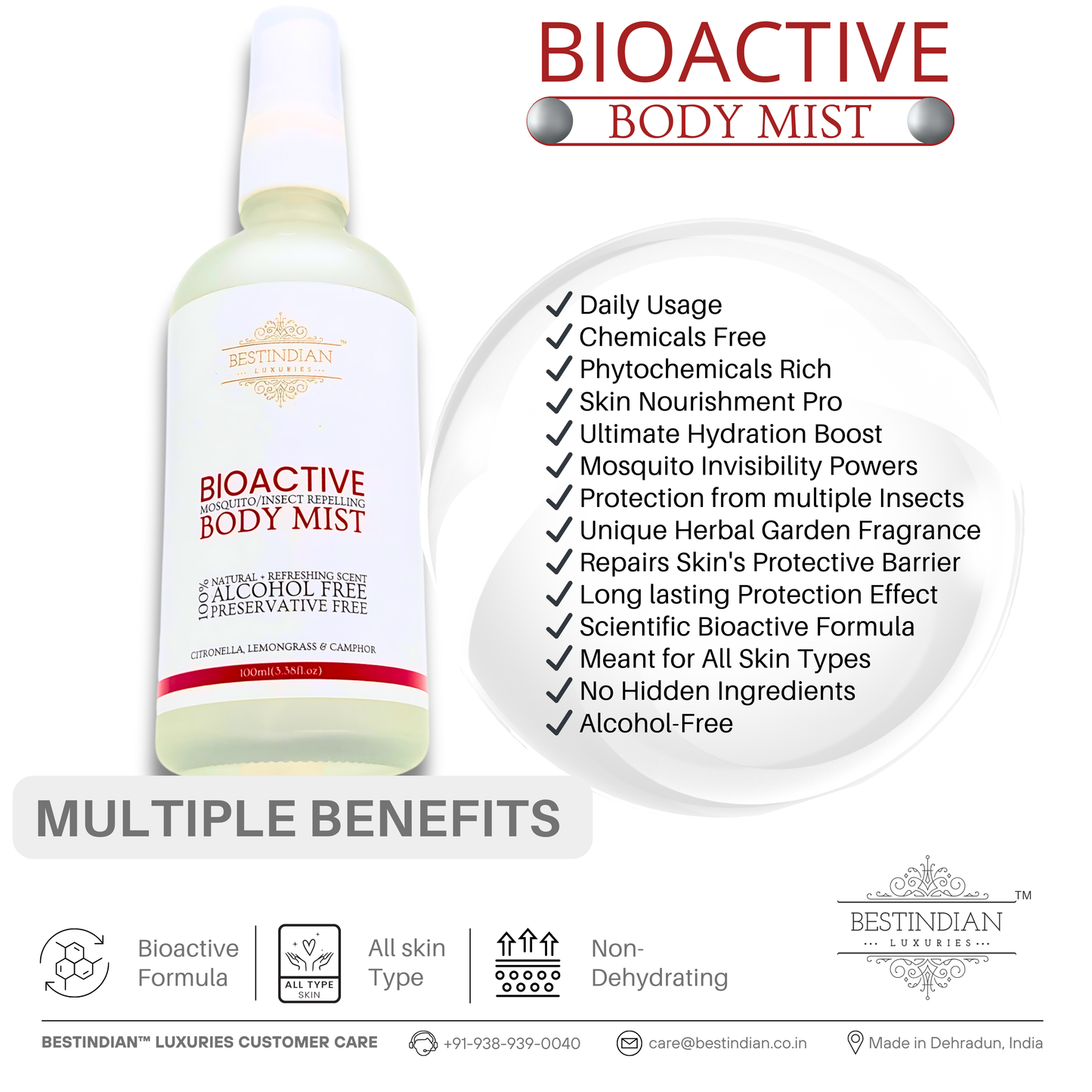 The BestIndian™ BioActive Body Mist is displayed with a checklist of daily benefits including skin nourishment, hydration, insect protection, and chemical-free formula, presenting it as an advanced, bioactive mosquito repellent for all skin types and studio care.