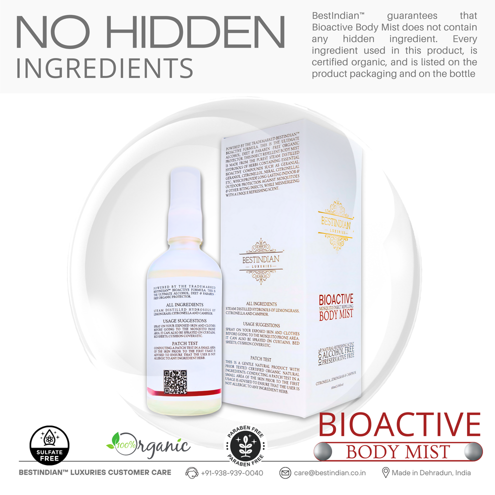 The bottle and box of BestIndian™ BioActive Body Mist displayed together, showcasing the full ingredient list to highlight the natural, certified organic, and sulfate-free mosquito repellent formula with no hidden additives for maximum transparency and safety.