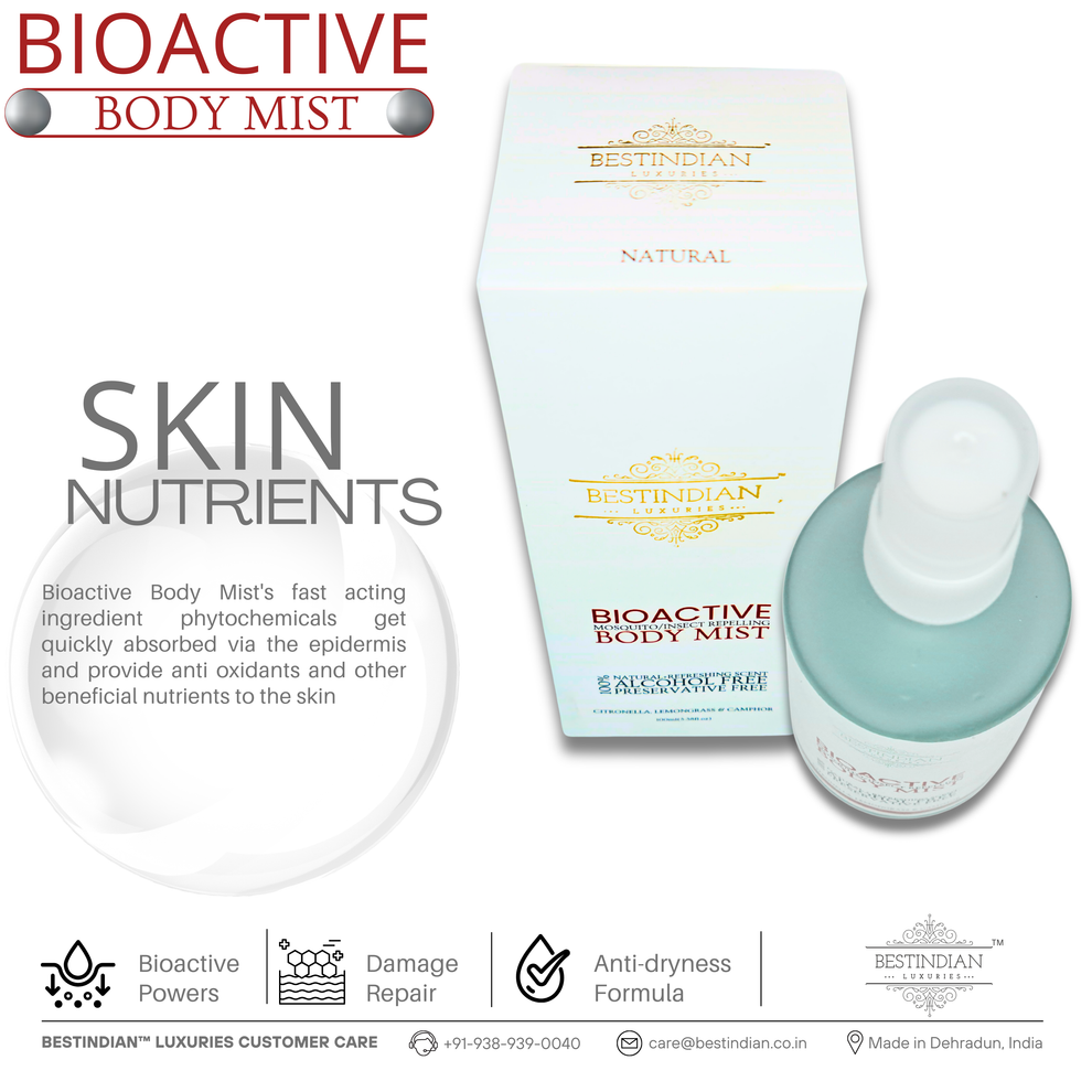An angled view of BestIndian™ BioActive Body Mist with its box, focusing on its skin nutrient content and rapid absorption of antioxidants and phytochemicals, designed as a natural herbal body spray for anti-oxidant and insect repellent benefits.