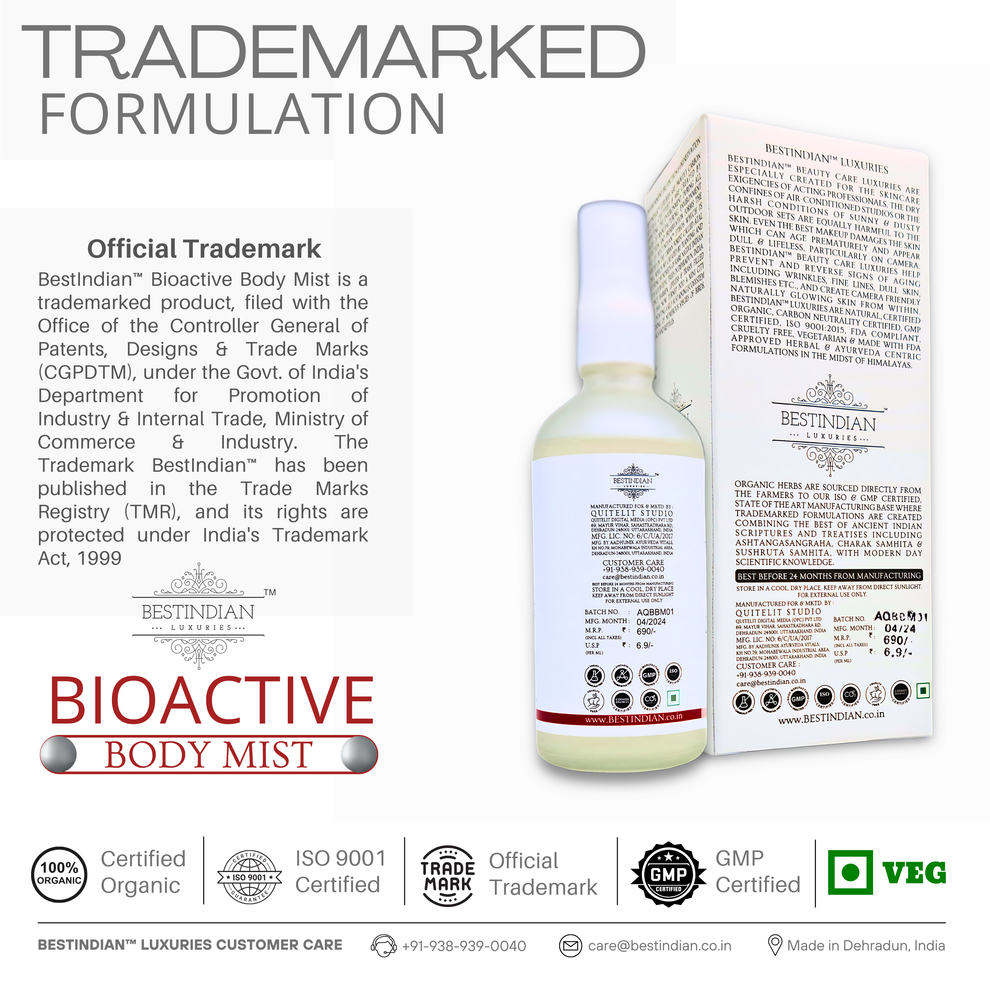 The back view of BestIndian™ BioActive Body Mist bottle and packaging, emphasizing its officially trademarked formulation, organic certification, and the detailed product information that assures quality and authenticity as a luxury ayurvedic mosquito repellent.