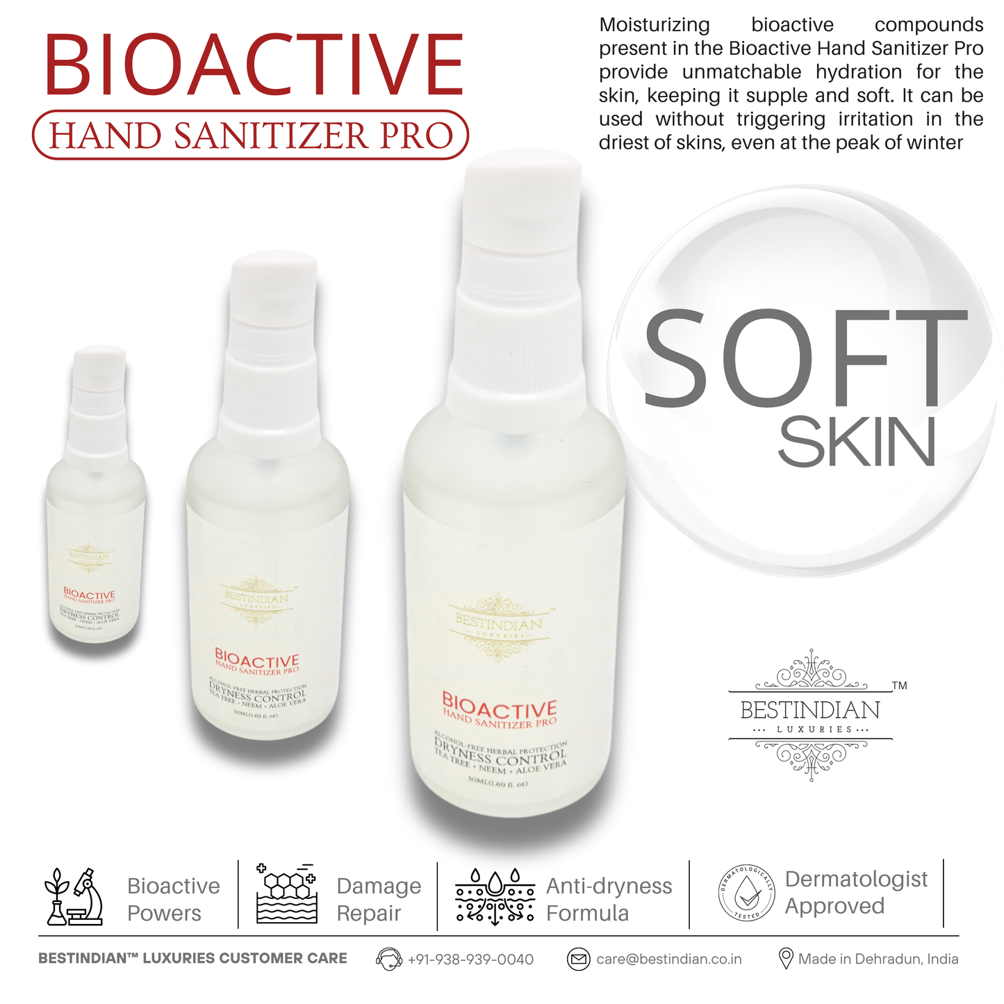 Three sizes of BioActive Hand Sanitizer Pro bottles by BestIndian stand in a row, emphasizing the gentle, non-drying formula that keeps hands soft and hydrated, ideal for sensitive and dry skin.