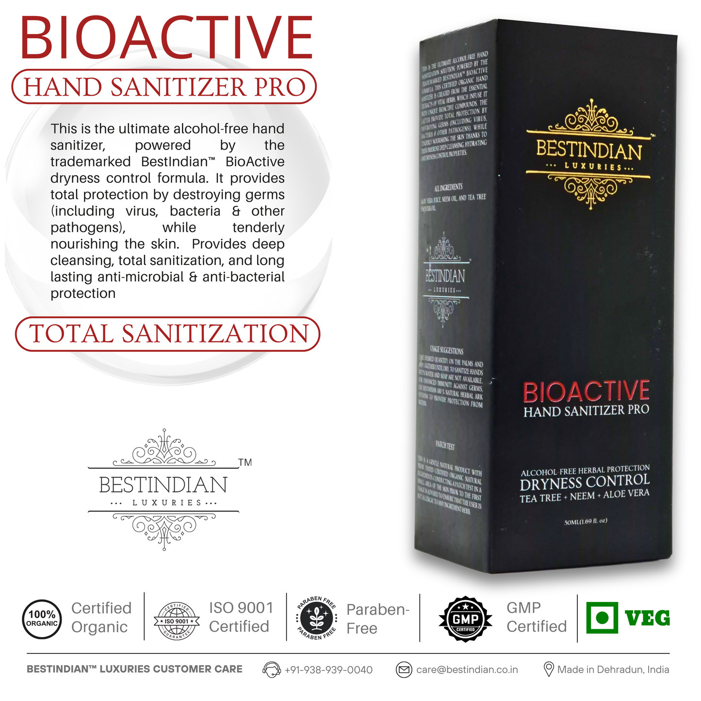 The boxed BioActive Hand Sanitizer Pro by BestIndian, highlighted under 'Total Sanitization,' offers alcohol-free, long-lasting antimicrobial and antibacterial protection while gently moisturizing the skin.