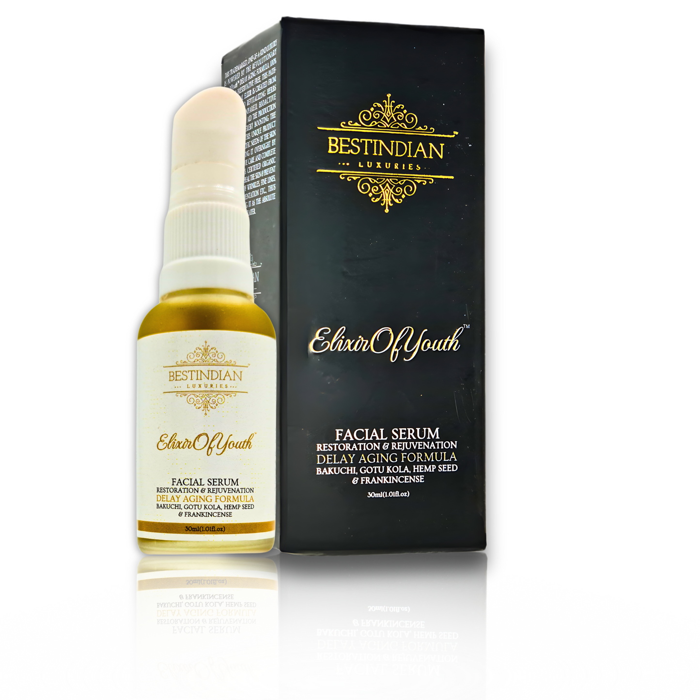 A bottle and premium black and gold packaging of the Elixir of Youth anti-aging facial serum, a restoration and rejuvenation formula with Bakuchi, Gotu Kola, and Hemp Seed.
