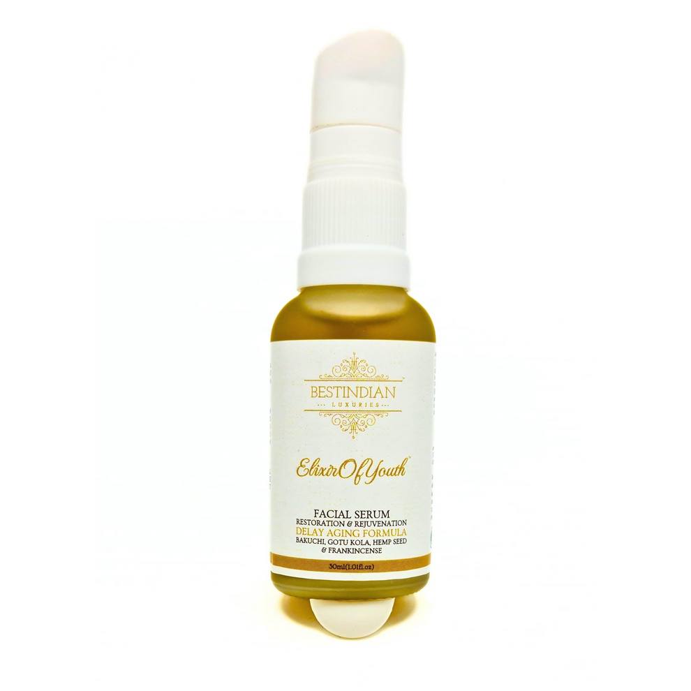 A bottle of the Elixir of Youth anti-aging facial serum, with Bakuchi, Gotu Kola, and Hemp Seed.
