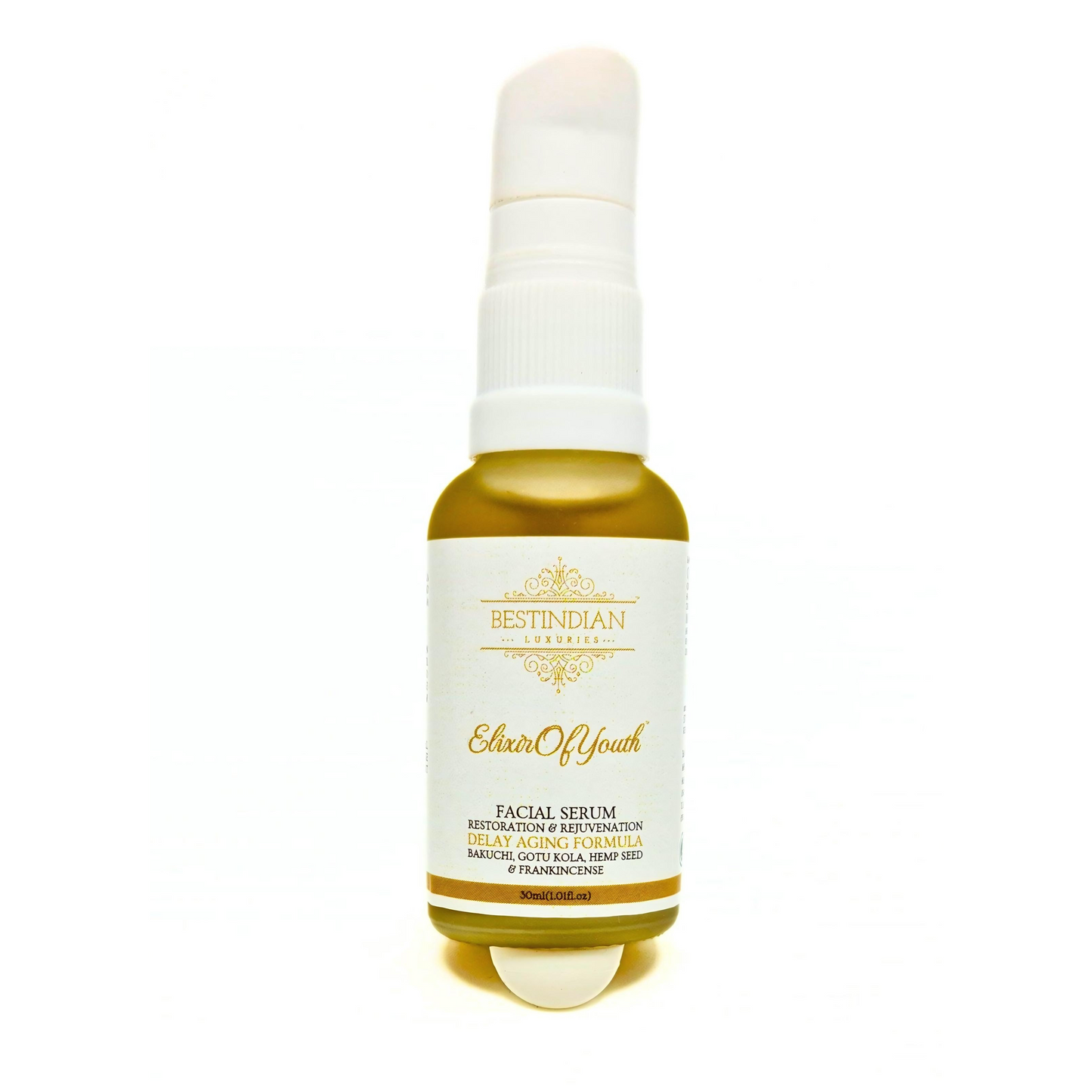 A bottle of the Elixir of Youth anti-aging facial serum, with Bakuchi, Gotu Kola, and Hemp Seed.