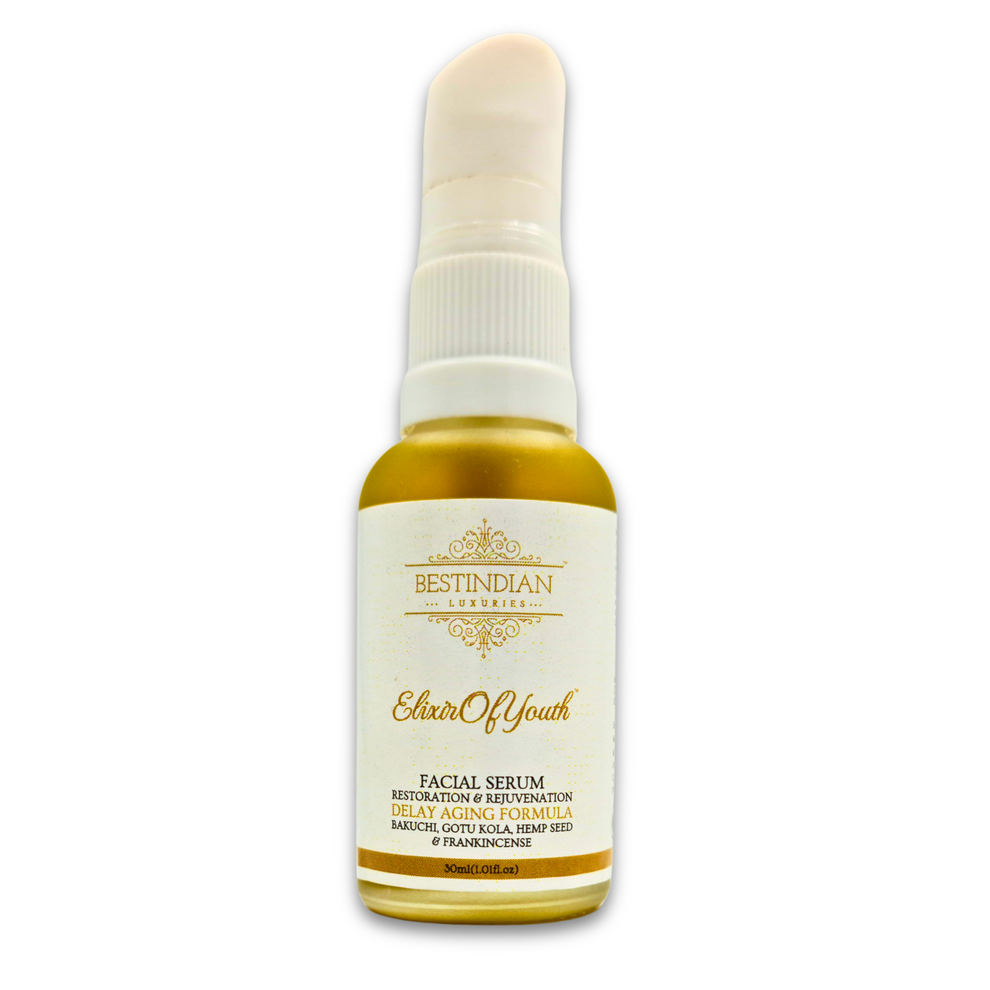 A bottle of the Elixir of Youth anti-aging facial serum, a restoration and rejuvenation formula with Bakuchi, Gotu Kola, and Hemp Seed.