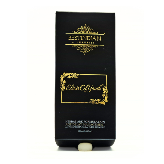 Elixir of Youth ayurvedic anti aging potion packaging with brahmi, ashwagandha, amla, tulsi, and turmeric herbal ingredients, BestIndian brand box.
