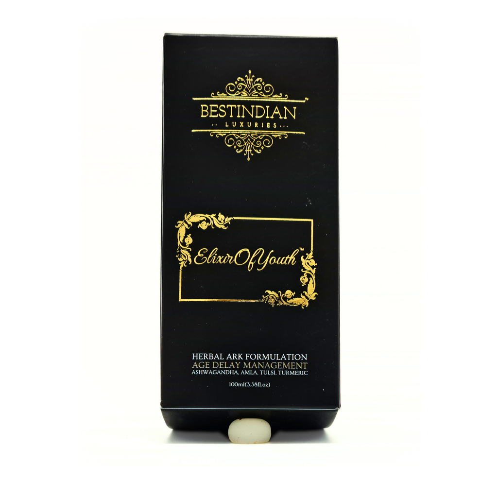 Elixir of Youth ayurvedic anti aging potion packaging with brahmi, ashwagandha, amla, tulsi, and turmeric herbal ingredients, BestIndian brand box.