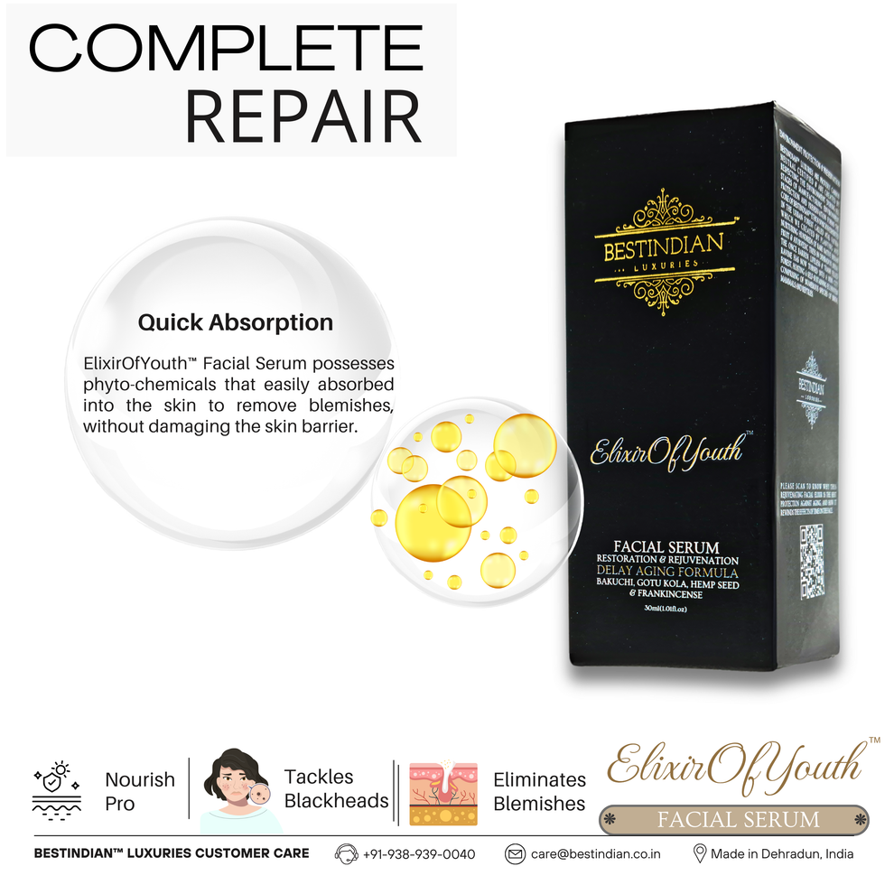 n infographic about the complete repair and anti-aging benefits of the Elixir of Youth facial oil for removing acne scars and blemishes.