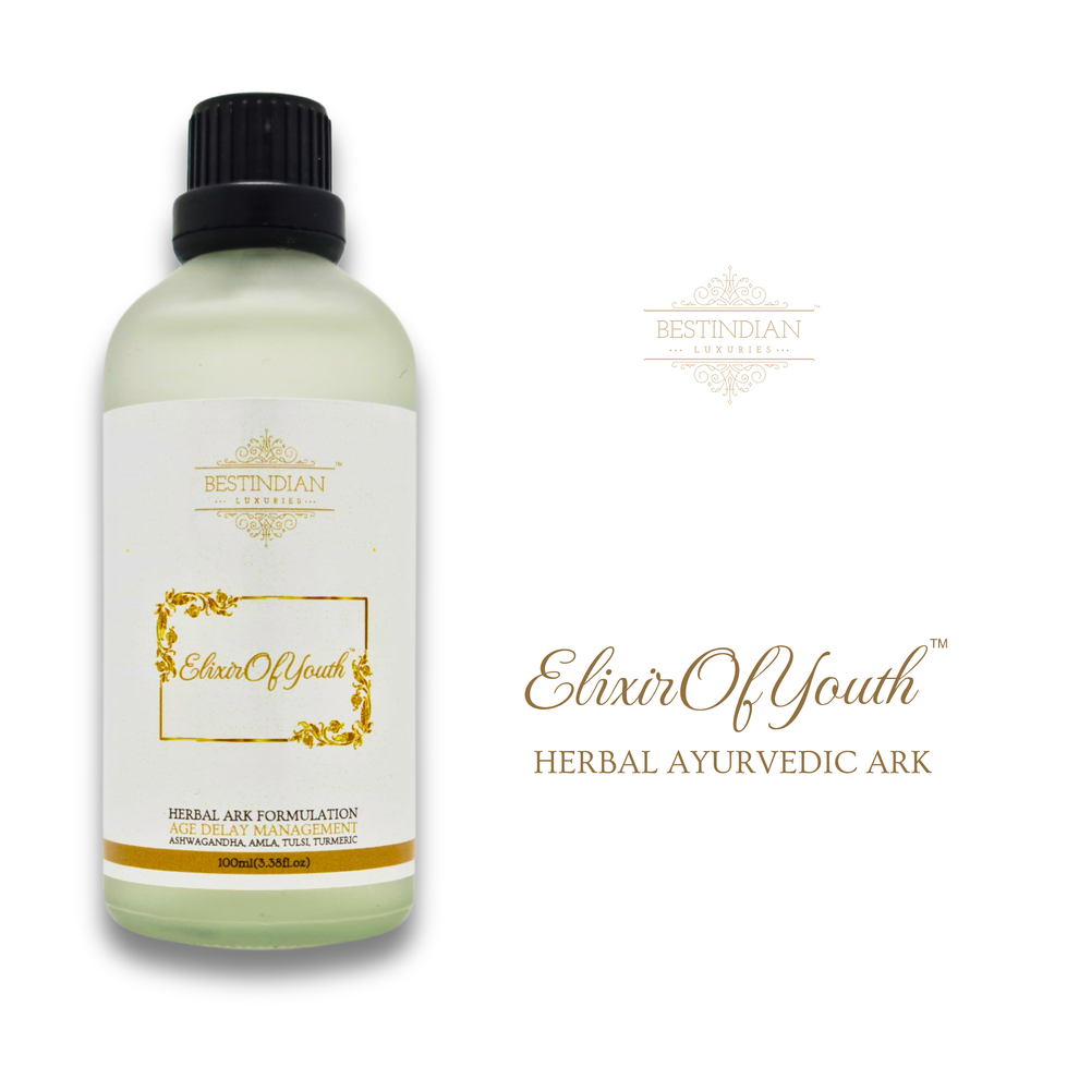 A bottle of the Elixir of Youth herbal ark, an age delay management formulation with Ashwagandha, Amla, and Turmeric.