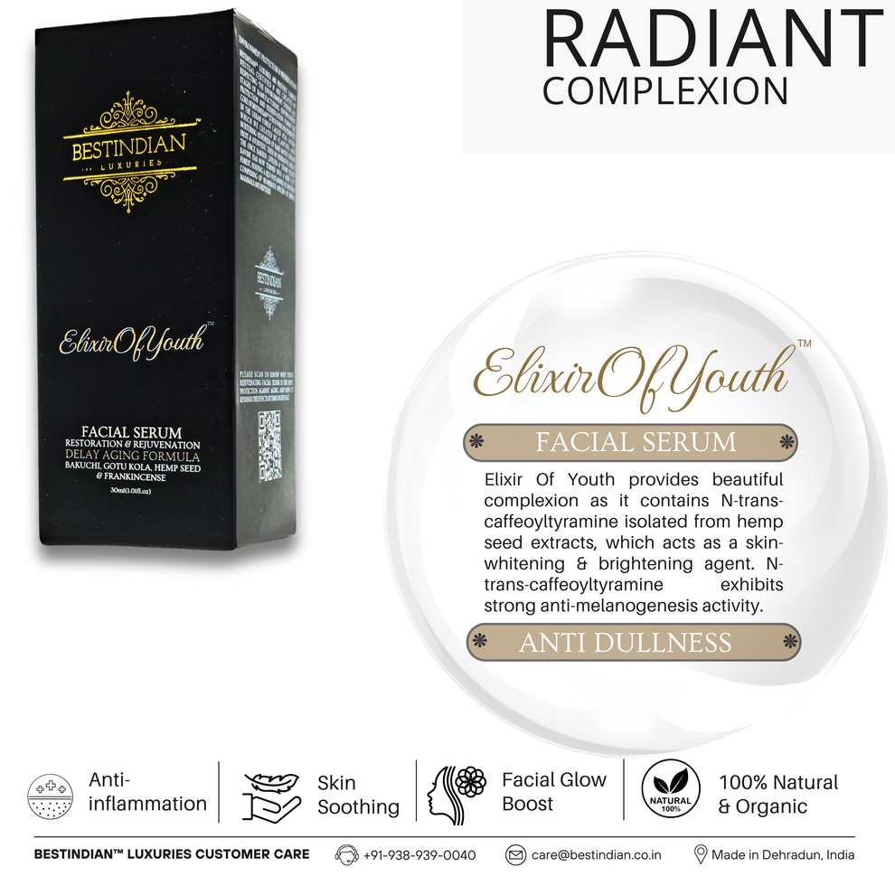 An infographic for Elixir of Youth facial serum for achieving a radiant complexion and fighting dullness with its skin-whitening and brightening agents.