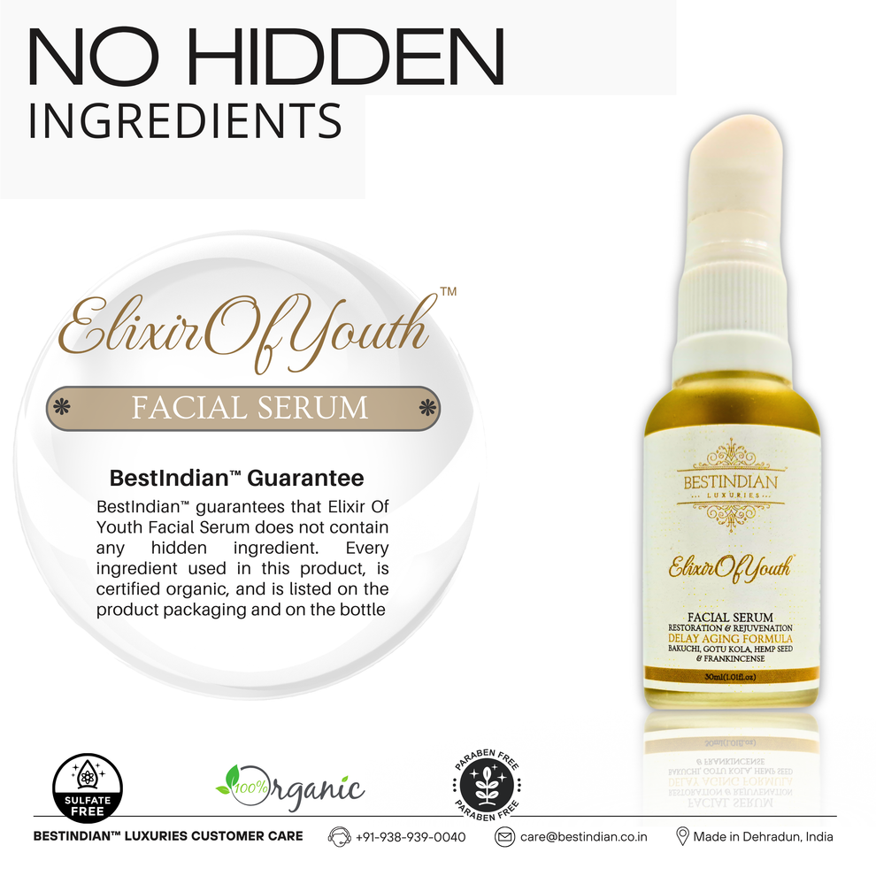 A guarantee of no hidden ingredients in the Elixir of Youth facial serum, highlighting its organic, sulfate-free, and paraben-free formula.