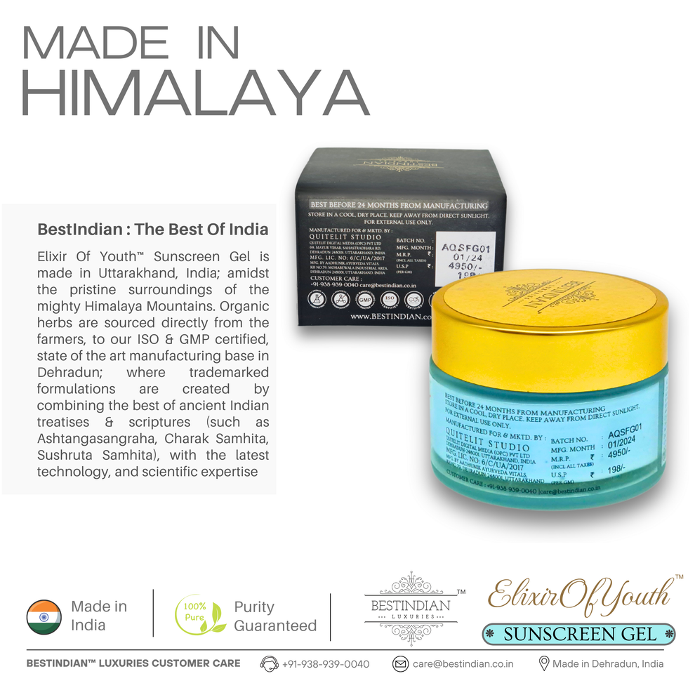 Infographic highlighting that the Elixir of Youth sunscreen is made in the Himalayas in Uttarakhand, India, with organic herbs and purity guaranteed.
