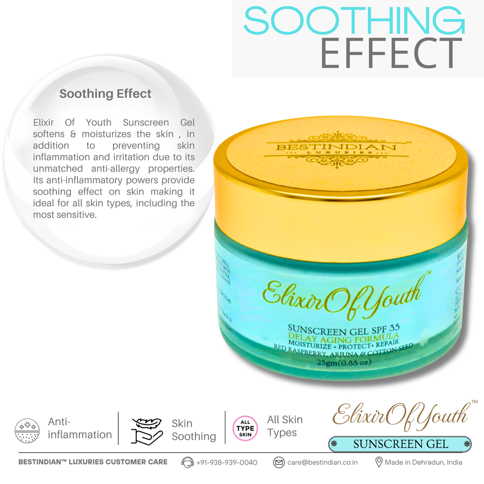 Infographic showing the soothing effect and anti-inflammatory properties of the Elixir of Youth Sunscreen Gel, making it ideal for all skin types.